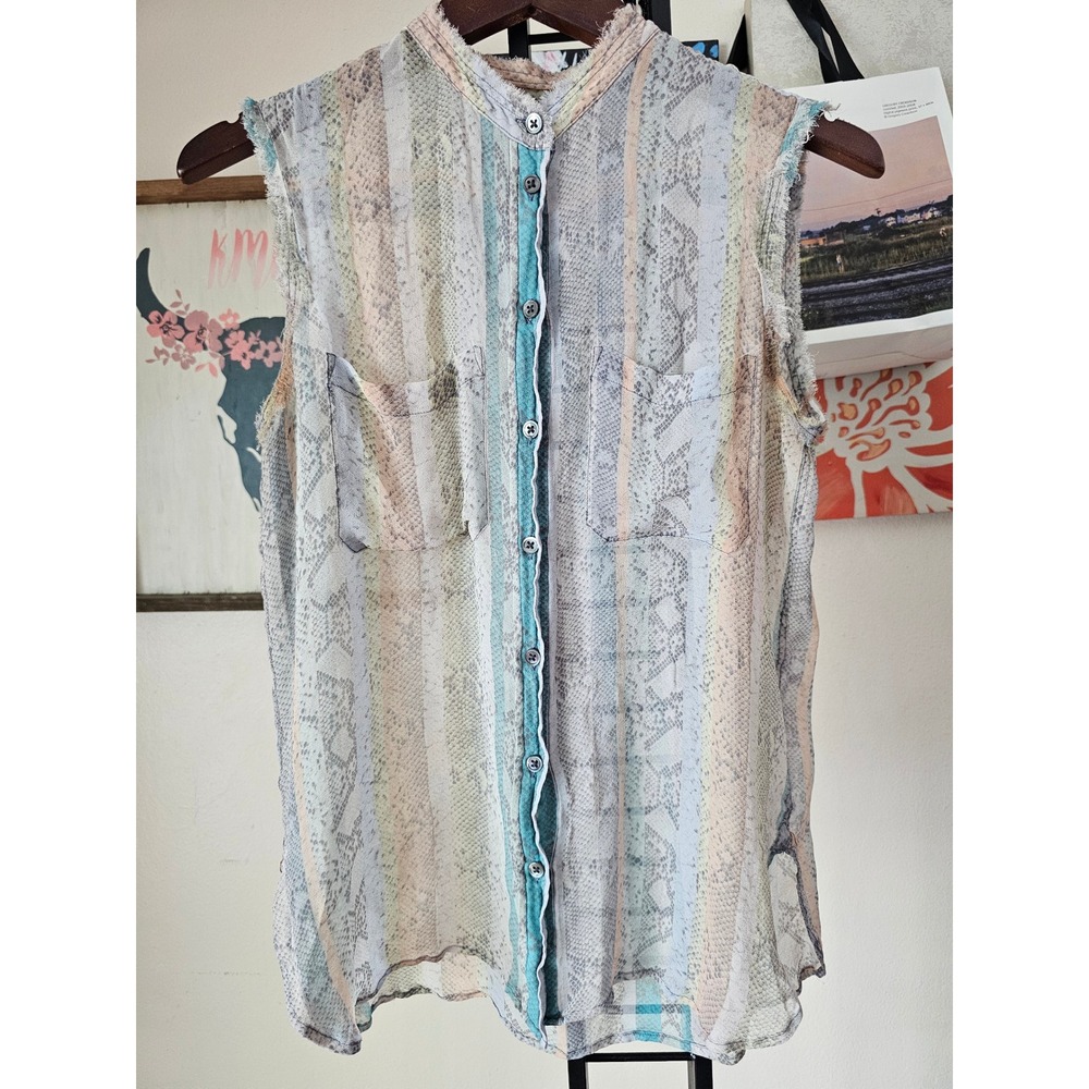 Equipment Femme Sleeveless Sheer Button Top Snakeskin Stripe Pastel Raw Hem XS